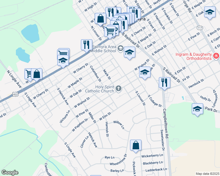 map of restaurants, bars, coffee shops, grocery stores, and more near 301 West Walnut Street in Palmyra