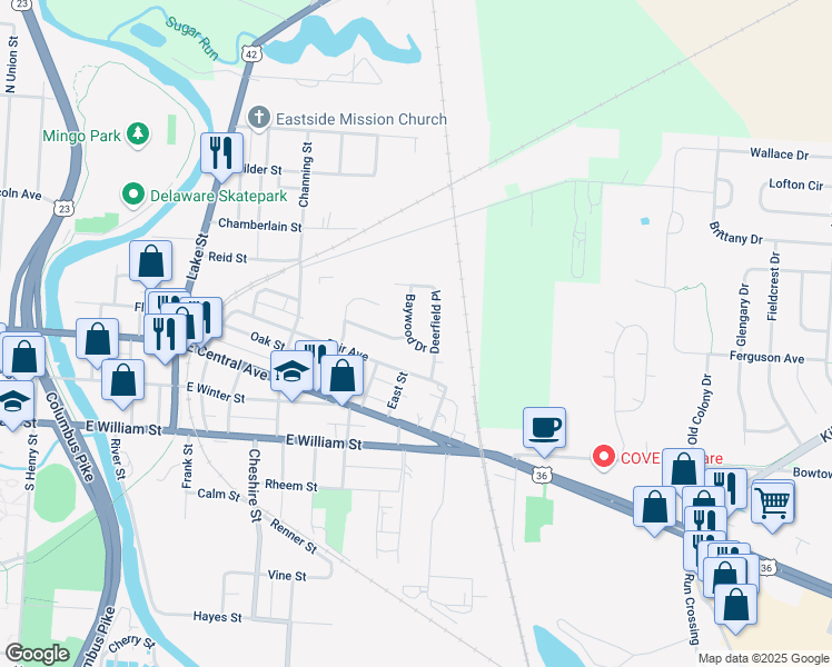 map of restaurants, bars, coffee shops, grocery stores, and more near 75 Deerfield Place in Delaware