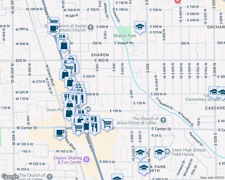 map of restaurants, bars, coffee shops, grocery stores, and more near 217 200 East in Orem