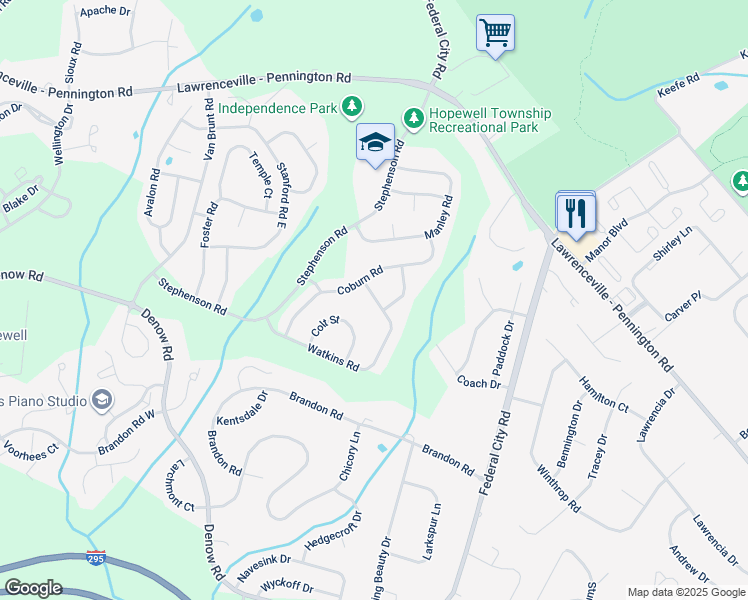 map of restaurants, bars, coffee shops, grocery stores, and more near 371 Watkins Road in Pennington