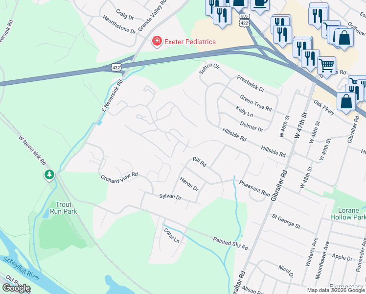 map of restaurants, bars, coffee shops, grocery stores, and more near 38-5 Cranberry Ridge in Reading