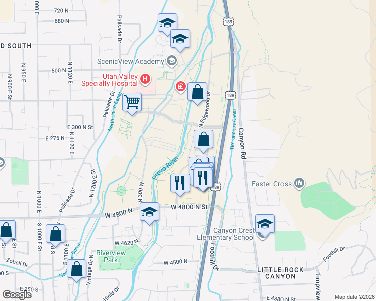 map of restaurants, bars, coffee shops, grocery stores, and more near 155 North River Park Way in Provo