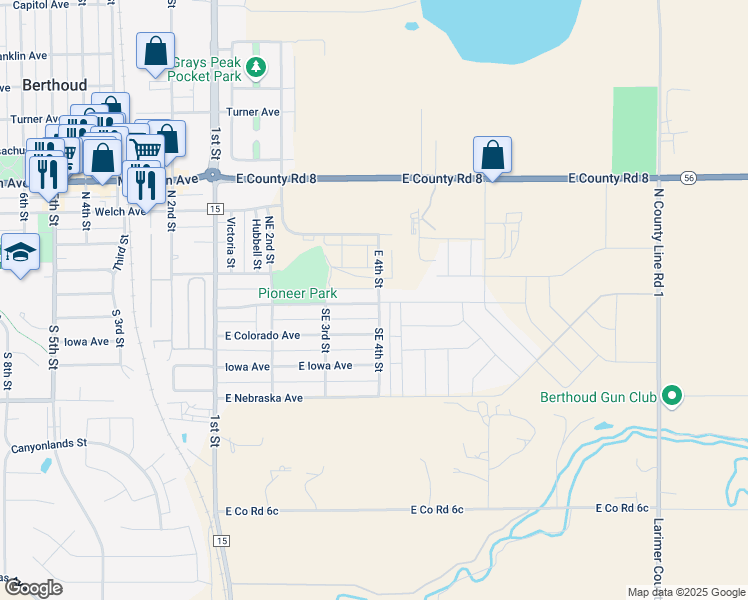 map of restaurants, bars, coffee shops, grocery stores, and more near 318 East Michigan Avenue in Berthoud