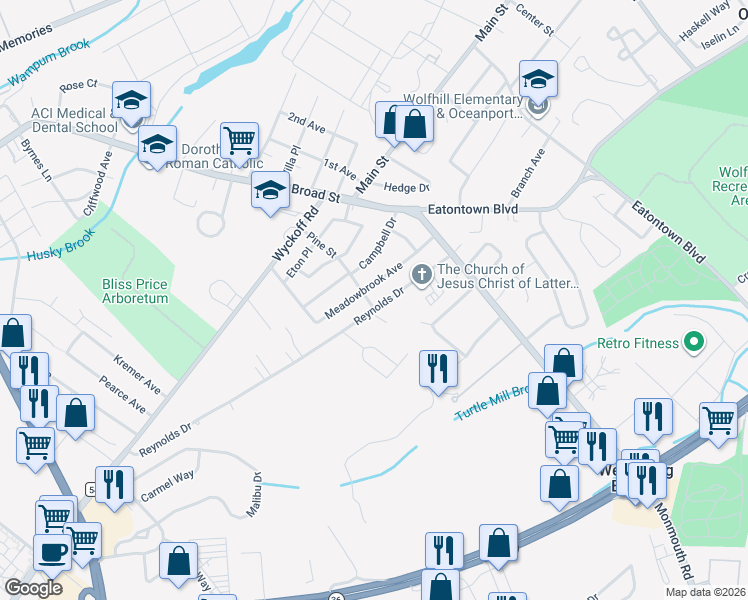map of restaurants, bars, coffee shops, grocery stores, and more near 20 Meadowbrook Avenue in Eatontown