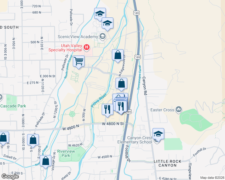 map of restaurants, bars, coffee shops, grocery stores, and more near 155 North River Park Way in Provo