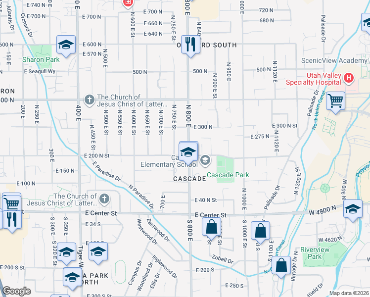 map of restaurants, bars, coffee shops, grocery stores, and more near 258 North 800 East in Orem