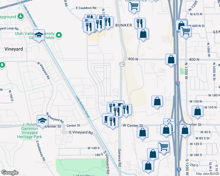 map of restaurants, bars, coffee shops, grocery stores, and more near 274 North 750 East Street in Vineyard