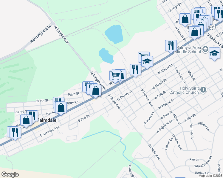 map of restaurants, bars, coffee shops, grocery stores, and more near 1 Palm Street in Palmyra