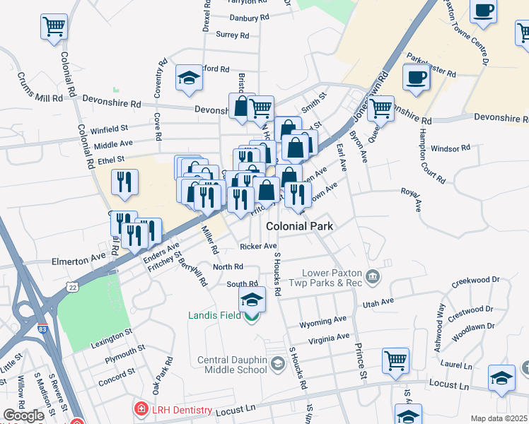 map of restaurants, bars, coffee shops, grocery stores, and more near 4647 Jonestown Road in Harrisburg