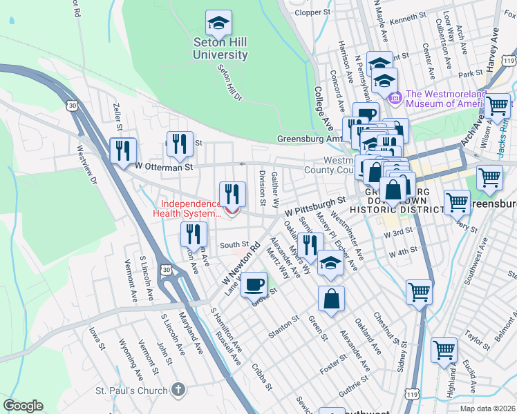 map of restaurants, bars, coffee shops, grocery stores, and more near 33 North Spring Avenue in Greensburg