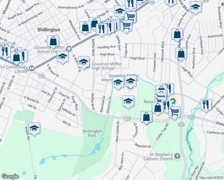 map of restaurants, bars, coffee shops, grocery stores, and more near 600 Governor Drive in Reading
