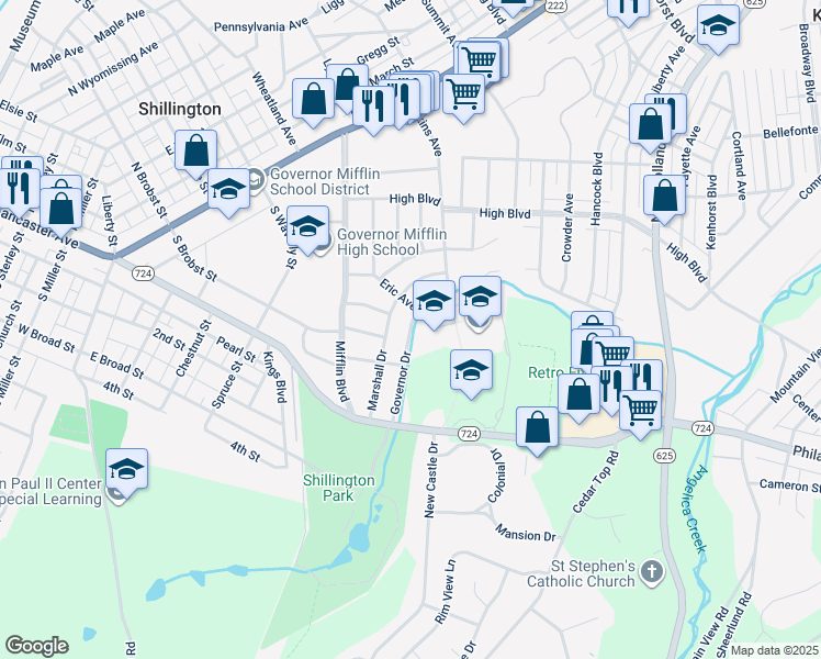 map of restaurants, bars, coffee shops, grocery stores, and more near 598 Governor Drive in Reading