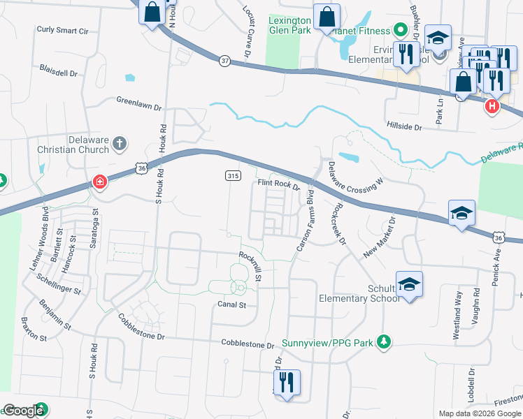 map of restaurants, bars, coffee shops, grocery stores, and more near 966 Diamond View Drive in Delaware