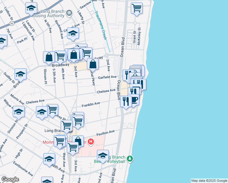 map of restaurants, bars, coffee shops, grocery stores, and more near 82 Chelsea Avenue in Long Branch