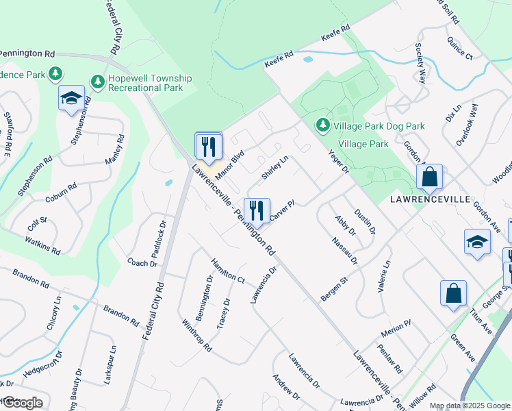 map of restaurants, bars, coffee shops, grocery stores, and more near 2 Shirley Lane in Lawrence Township
