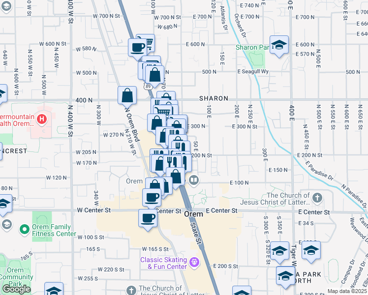 map of restaurants, bars, coffee shops, grocery stores, and more near 15 East 200 North Street in Orem