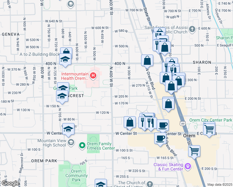 map of restaurants, bars, coffee shops, grocery stores, and more near 223 North 360 West Street in Orem