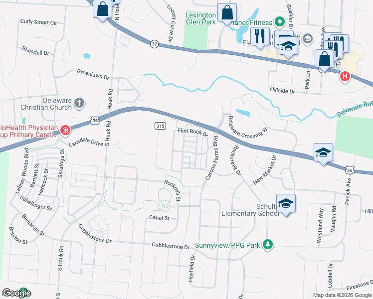 map of restaurants, bars, coffee shops, grocery stores, and more near 624 White Rock Street in Delaware