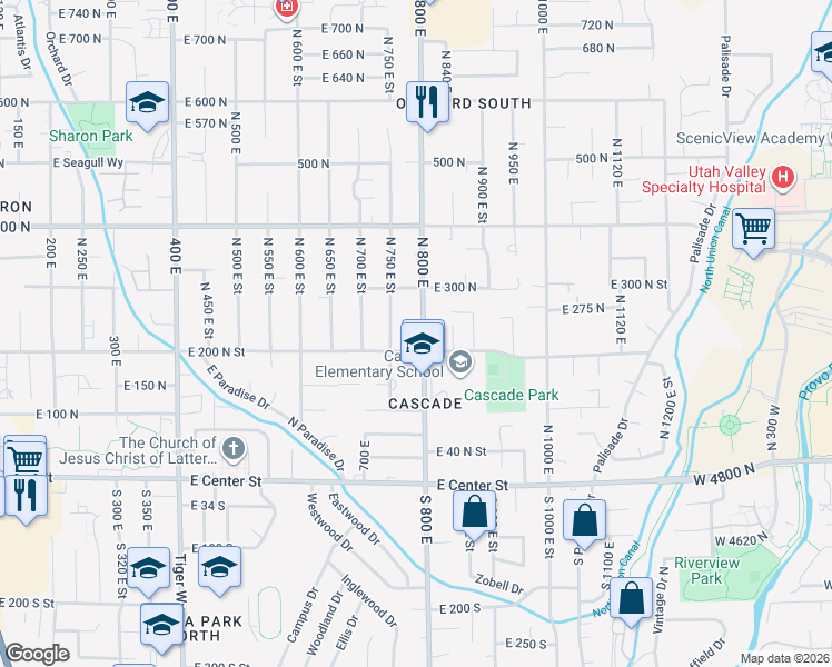 map of restaurants, bars, coffee shops, grocery stores, and more near 258 North 800 East in Orem