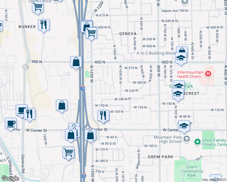 map of restaurants, bars, coffee shops, grocery stores, and more near 222 North 1200 West in Orem