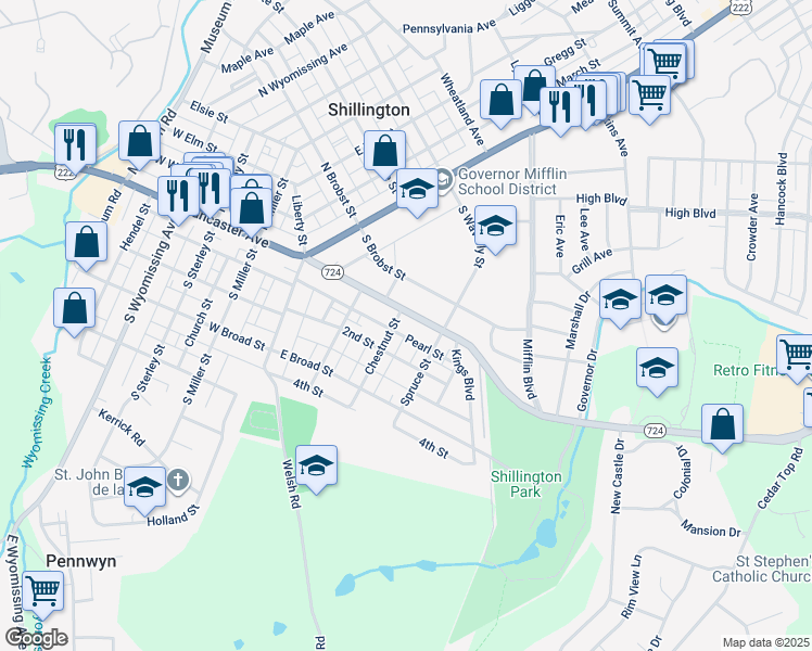 map of restaurants, bars, coffee shops, grocery stores, and more near 208 Philadelphia Avenue in Shillington