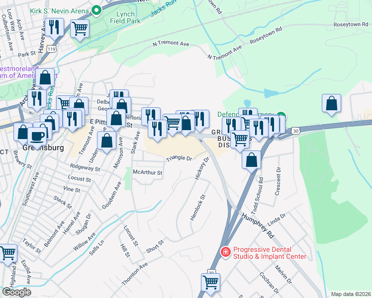 map of restaurants, bars, coffee shops, grocery stores, and more near 706 East Pittsburgh Street in Greensburg