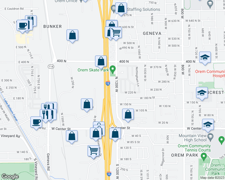 map of restaurants, bars, coffee shops, grocery stores, and more near 221 1200 West in Orem