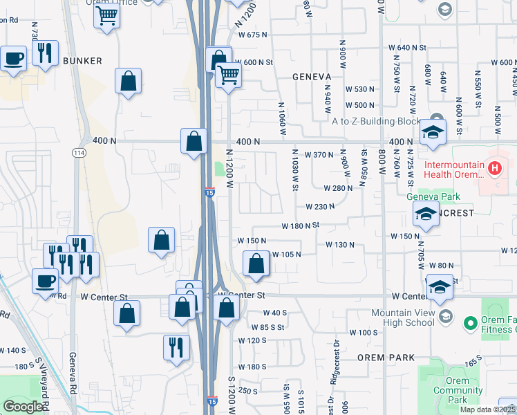 map of restaurants, bars, coffee shops, grocery stores, and more near 222 North 1200 West in Orem