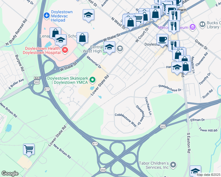 map of restaurants, bars, coffee shops, grocery stores, and more near 12-8 Aspen Way in Doylestown