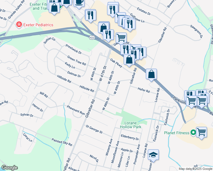 map of restaurants, bars, coffee shops, grocery stores, and more near 230 West 48th Street in Reading