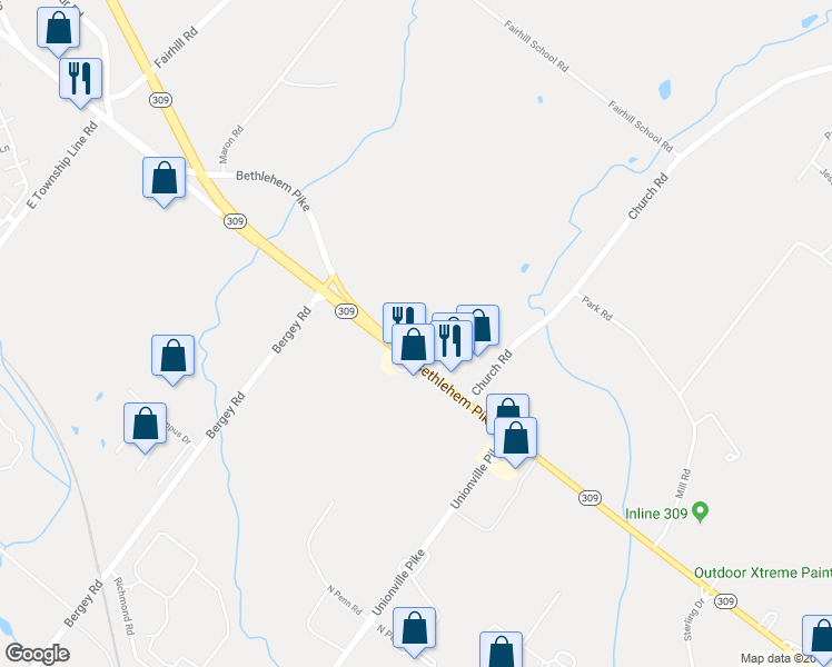 map of restaurants, bars, coffee shops, grocery stores, and more near 3313 Bethlehem Pike in Hatfield