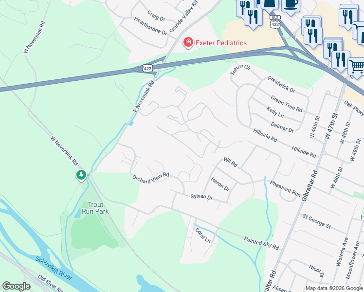 map of restaurants, bars, coffee shops, grocery stores, and more near 22-2 Heather Heights in Reading