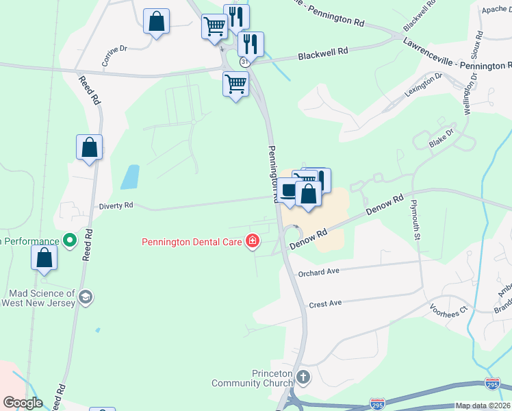 map of restaurants, bars, coffee shops, grocery stores, and more near 8 Diverty Road in Pennington