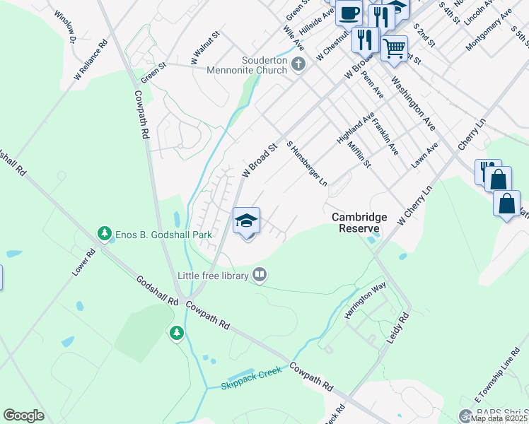 map of restaurants, bars, coffee shops, grocery stores, and more near 14 Clifton Court in Souderton