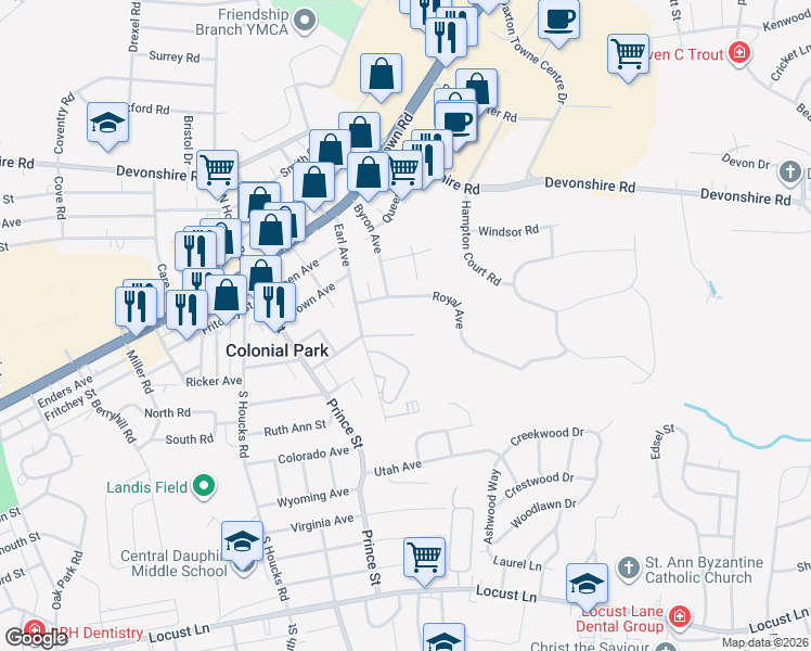 map of restaurants, bars, coffee shops, grocery stores, and more near 4900 Lancer Street in Harrisburg