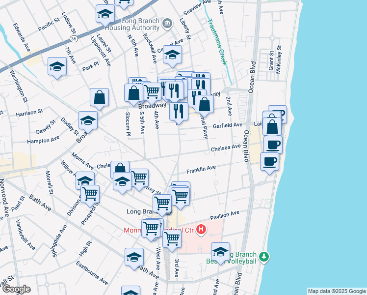 map of restaurants, bars, coffee shops, grocery stores, and more near 179 Chelsea Avenue in Long Branch