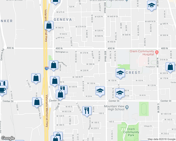 map of restaurants, bars, coffee shops, grocery stores, and more near 952 West 230 North in Orem