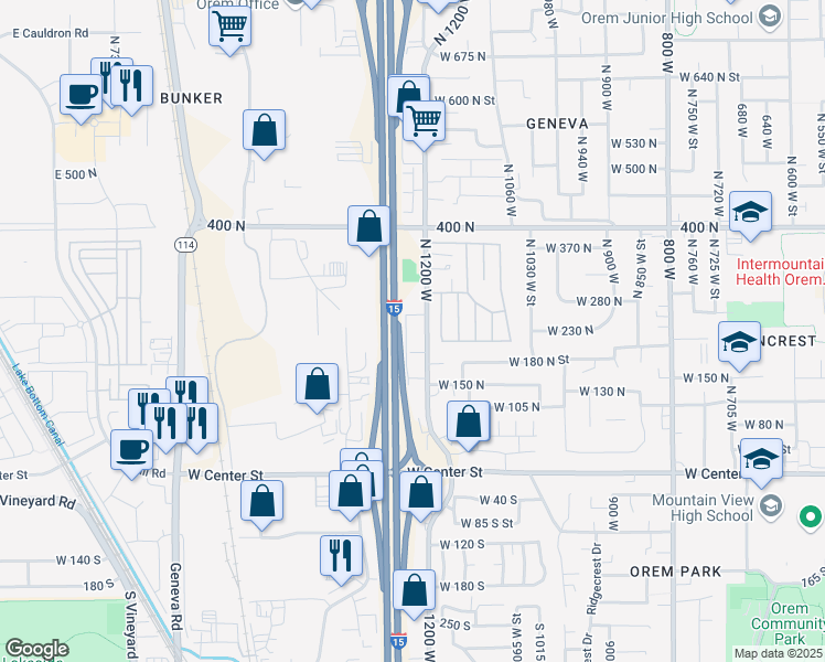 map of restaurants, bars, coffee shops, grocery stores, and more near 255 1200 West in Orem