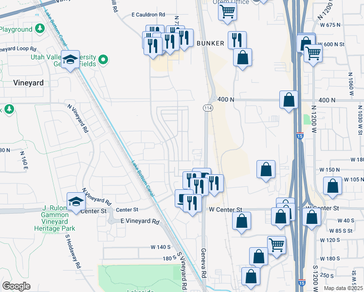 map of restaurants, bars, coffee shops, grocery stores, and more near 269 725 East in Vineyard