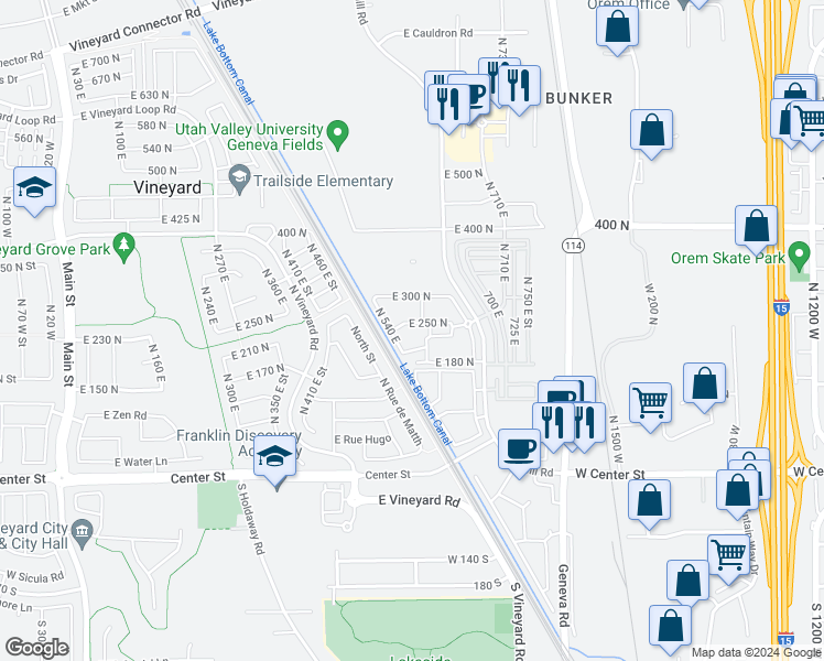 map of restaurants, bars, coffee shops, grocery stores, and more near 284 North 590 East in Orem