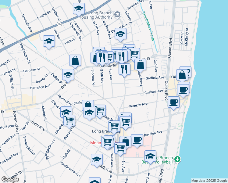 map of restaurants, bars, coffee shops, grocery stores, and more near 65 4th Avenue in Long Branch