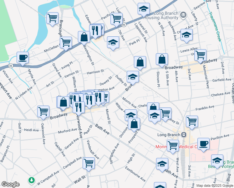 map of restaurants, bars, coffee shops, grocery stores, and more near 452 Hampton Avenue in Long Branch