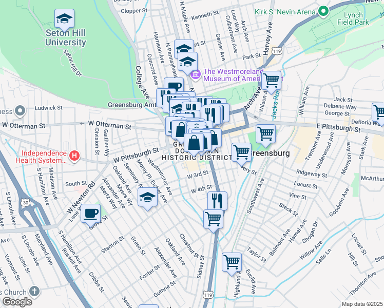map of restaurants, bars, coffee shops, grocery stores, and more near in Greensburg