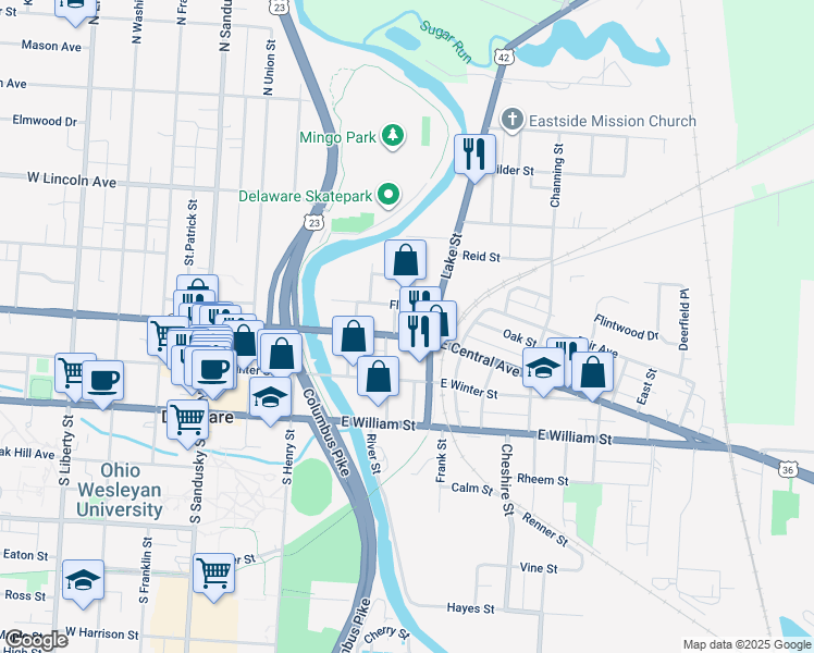 map of restaurants, bars, coffee shops, grocery stores, and more near 88 Flax Street in Delaware