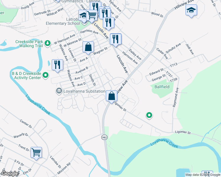 map of restaurants, bars, coffee shops, grocery stores, and more near 2703 Wilson Street in Latrobe