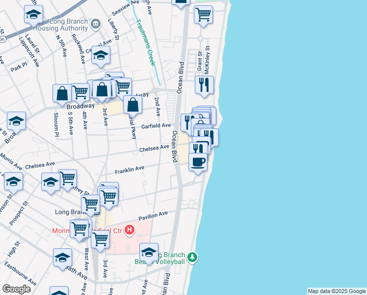 map of restaurants, bars, coffee shops, grocery stores, and more near 50 Chelsea Avenue in Long Branch
