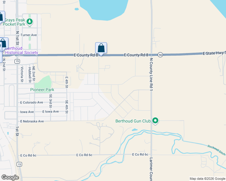 map of restaurants, bars, coffee shops, grocery stores, and more near Dorthy Drive in Berthoud