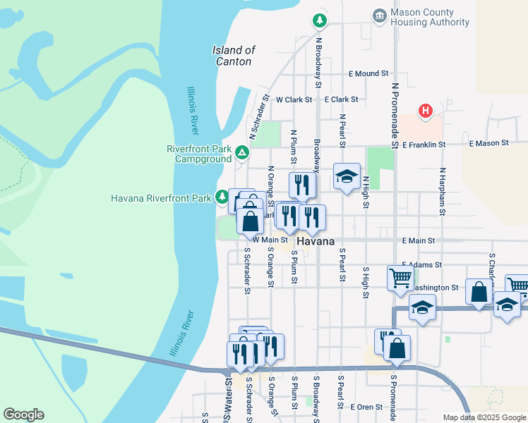 map of restaurants, bars, coffee shops, grocery stores, and more near 301-399 West Jefferson Street in Havana