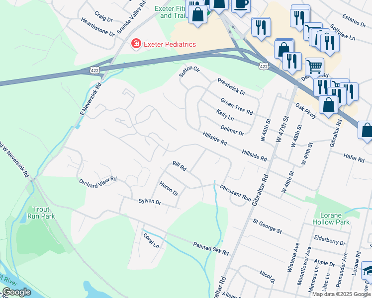 map of restaurants, bars, coffee shops, grocery stores, and more near 4623 Pheasant Run North in Reading