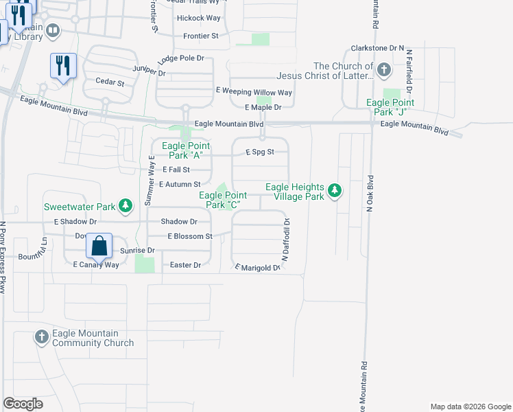 map of restaurants, bars, coffee shops, grocery stores, and more near 2325 East Morning Glory Way in Eagle Mountain